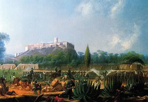 Батальная сцена на фоне Чапультепекского дворца эпохи Мексиканской авантюры.