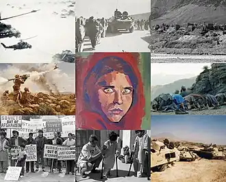 Слева направо, сверху вниз: Наступление советских танков и вертолётов; советский БТР едет сквозь толпу мирных жителей; руины разбомбленного советскими войсками афганского кишлака; повстанцы сбивают советский ударный вертолёт; Шарбат Гула; молитва моджахедов; антивоенный протест; афганские дети, пострадавшие от советских мин; кладбище брошенной советской техники