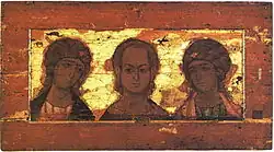 Спас Эммануил с ангелами (оглавный «Ангельский деисус»). Из иконостаса Успенского собора Московского Кремля. Ок. 1190 года. Владимиро-суздальская школа (?). Государственная Третьяковская галерея, Москва