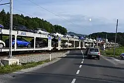 Грузовой поезд с автомобилями у Сподни Брежницы