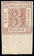 Марка частной почты «Dresdner Verkehrs-Anstalt Hansa» в честь 50-летия «Саксонской тройки», 1900 (Mi #114)