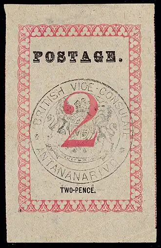 1886, надпись «Postage.», 2 пенса, чёрная печать вице-консульства (Sc #28)