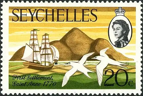 Почтовая марка, выпущенная в 1970 году в память о 200-летии начала освоения Сейшел французскими поселенцами