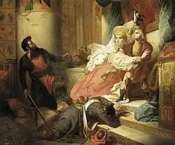 Петр Великий в детстве, спасаемый матерью от ярости стрельцов. 1830. Холст, масло. Государственный Русский музей, Санкт-Петербург. Первая версия 1827 года находится в музее Изящных искусств Валансьена.