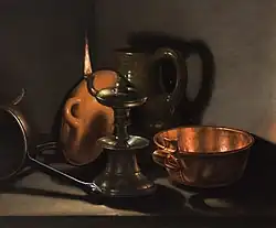 Натюрморт с кухонной посудой при свете масляной лампы. Дерево, масло. Частное собрание