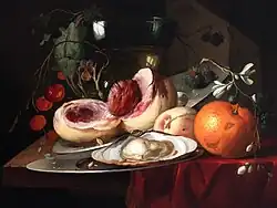 Натюрморт с двумя серебряными подносами с персиками и устрицами, беркмейером, вишнями и клементином на частично задрапированном столе. Дерево, масло. Частное собрание