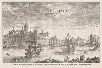 Замок в 1670, вид с северо-востока. Kanslilängan и северное крыло с gröna gången напротив пролива Норрстрём.