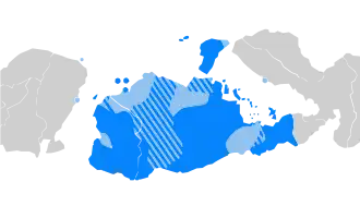 Карта сумбавского языка: тёмным цветом показано распространение языка как основного, светлым — как одного из главных.