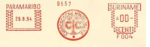 Один из последних франкотипов колонии Суринам с календарным штемпелем Парамарибо от 29 августа 1954 года