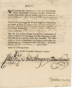 Акции шведской компании Леванта на 1500 далеров медной монеты, выпущенной 15 декабря 1748 года, выданная в Стокгольме Андерсу Пломгрену и подписанная собственноручно им и Клаесом Гриллем, двумя основателями и директорами компании