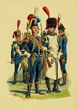 Полковые музыканты, сапёр и тамбурмажор 1-го полка лёгкой пехоты.