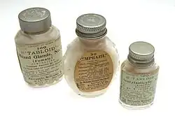 3 pill pots from the Burroughs Wellcome and Company : Tabloid Mixed Glands No. 2 tablets, Emprazil tablets and Tabloid Acetylsalicylic Aid tablets [Aspirin]