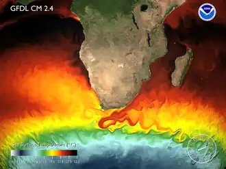Поверхностная температура по данным совместной атмосферно-океанической модели GFDL в районе Течения мыса Игольного. Само течение можно видеть по характерным структурам в поле температуры