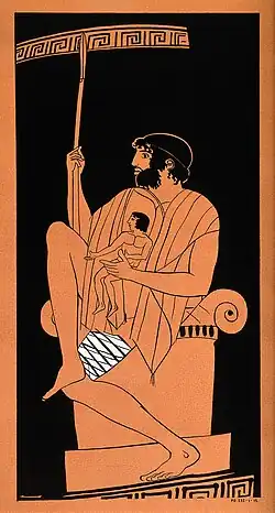 Телеф с перевязанным бедром и ребенком (вероятно, Орест); цветной рисунок тушью на чаше, ок. 450 до н. э.