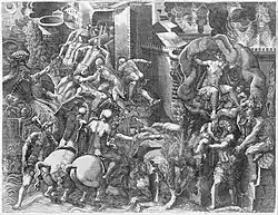 Падение Трои и бегство Энея. По рисунку Дж. Гизи. Ок. 1545