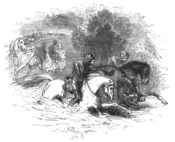 Охотников и вепря захлёстывает Севернский бор. Рисунок из «Мабиногиона» Леди Гест