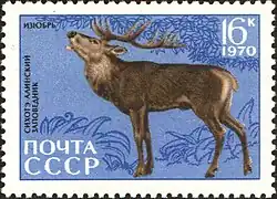 Почтовая марка СССР 1970 года. 35 лет Сихотэ-Алинского заповедника. Изюбрь