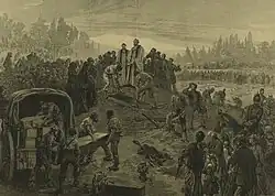 A vicar stands at an open grave, which is being filled with a coffin. Several others are being unloaded from a covered waggon. Crowds of people are shown paying their respects.