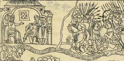 Царю Мамету приносят дань (слева), победа Мамета над Ибаком (справа), миниатюры "Ремезовской летописи"