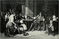 Мольер, читающий свои произведения. Гравюра с картины Гастона Меленга