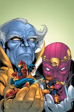 Грандмастер (слева) на бестекстовой обложке Громовержцы Vol. 1, #102 (июль 2006).Художник: Том Грумметт.