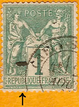 1876: 1 сантим (Mi #56I; Yt #61).Тип I: буква «N» в слове «INV» по нижнему краю располагается под буквой «B» в «REPUBLIQUE» (показано стрелкой)