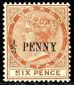 1887: надпечатка ½ пенни на марке в 6 пенсов (Mi #27)