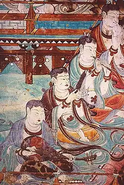 Китайские инструменты: пипа, шэн, флейты и конх. Изображение в пещерах Юйлинь[англ.]