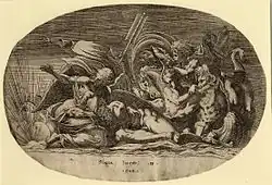 Спящий Кронос, Посейдон, нереиды и тритоны. Офорт А. Фантуцци по рисунку Ф. Приматиччо. 1544