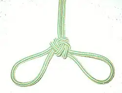 Тройной плетёный узел[итал.], священный узел, брамин, треугольник, Тройная коронка, Triple crown knot, Three-part Crown.Двойная петля легко запоминающийся и чрезвычайно не скользящий и тяжело развязываемый.