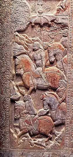 Тюркские всадники с длинными волосами на погребальном саркофаге Михо. Около 570 г. н. э. Северные династии, Китай.