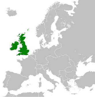 Территория Соединённого королевства Великобритании и Ирландии (зелёным) в Европе в 1914 году