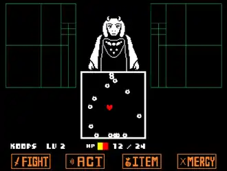 Бой с Ториэль в Undertale. Ториэль атакует огненной магией красное сердце, символизирующее душу игрока.
