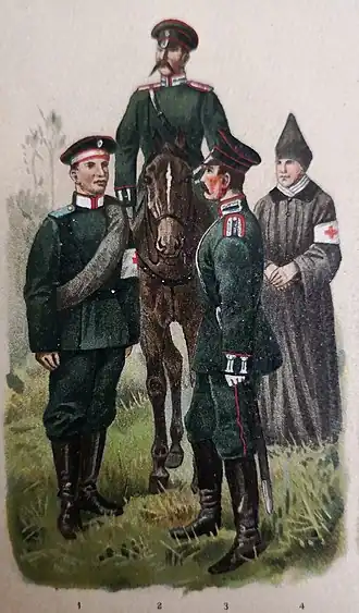 Военнослужащие медицинской службы Русской армии, 1896 год:(1) санитар-носильщик в пехоте (форма соответствующих полков с повязкой);(2) и (3) военные врачи (форма соответствующих полков);(4) греко-католическая монахиня.