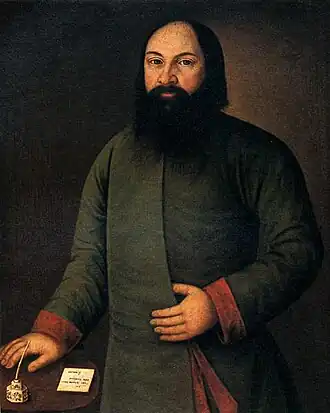 Купеческий портрет: опознаётся по костюму, обязательной бороде (у мужчин), а также застылости и примитивизму стиля, так как обычно их писали более «дешёвые» художники.