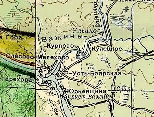 Село (куст деревень) Важины на карте РККА 1940 года