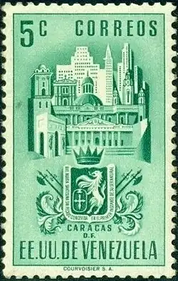 Герб Каракаса и здания. Первая марка серии «Гербы». Венесуэла (1951-1954)