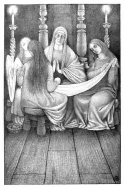 Иллюстрация Вернона Хилла, на которой Аннет одевается на свадьбу своими служанками.  Из сборника Ричарда Чоупа 1912 года «Странные и чудесные баллады».