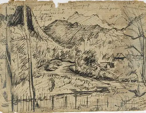 Горы и лес у лагеря близ реки Коньу. Работа Джека Бриджера.