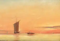 Корабли в море в штиль на закате.