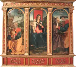 Триптих: Мадонна с Младенцем, Благовещение Иоакиму, Встреча Иоакима и Анны у Золотых ворот. Ок. 1493. Дерево, масло. Штеделевский художественный институт, Франкфурт-на-Майне