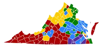 Virginia counties colored either red, blue, yellow, green, or purple based on the populations most common ancestry. The south-east is predominately purple for African American, while the west is mostly red for American. The north has yellow for German, with two small areas green for Irish. Yellow is also found in spots in the west. A strip in the middle is blue for English.