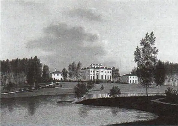 Вид на демидовскую усадьбу и парк с нижнего (большого) пруда (гуашь, И. В. Барт[нем.], около 1813 г.).