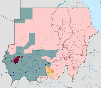 Военная обстановка по состоянию на 5 июня 2025 года 
 
     Под контролем армии Судана
     Под контролем Объединённых сил обороны Дарфура
     Под контролем Сил быстрого реагирования
     Под контролем Народно-освободительного движения Судана — Север[англ.]
     Под контролем Освободительного движения Судана (аль-Нур)[англ.]
В клетку раскрашены оспариваемые города