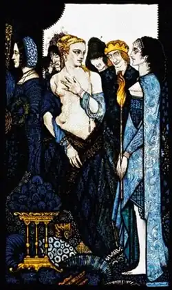 Прибавили мону Кривелли,Ню тицианову вспомнить сумели.Джейн-жидовки острый смех, Пробовавших каждый грех(Использована фигура из «Венеры с зеркалом» Тициана и профильный портрет работы Амброджио де Предис, который считали изображением Лукреции Кривелли)