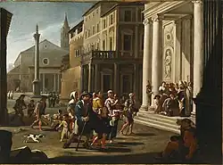 Городской пейзаж с епископом, исцеляющим больных и раненых перед церковью. 1674. Холст, масло. Частное собрание