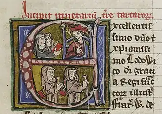 Вверху — Гильом даёт отчёт королю Людовику IX, внизу — Гильом со спутником в путешествии