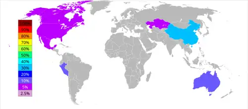 Worldmap reviealing that about 40 % of zinc is produced in China, 20 % in Australia, 20 % in Peru, and 5 % in US, Canada and Kazakhstan each.