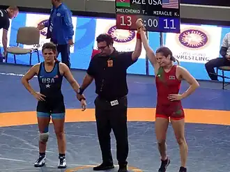 Татьяна после победы над американкой Кайлой Миракл на чемпионате мира 2017.