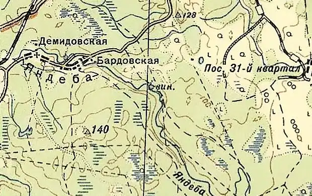 Деревня Яндеба на карте 1936 года